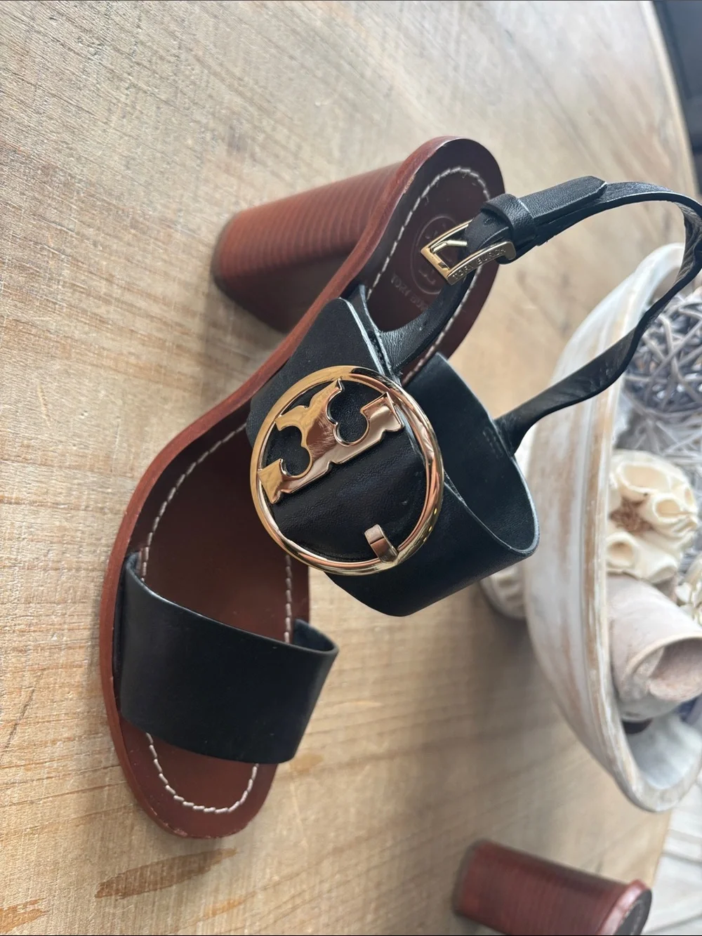 Tory Burch Black Leather Block Heel Sandals with Gold Emblem